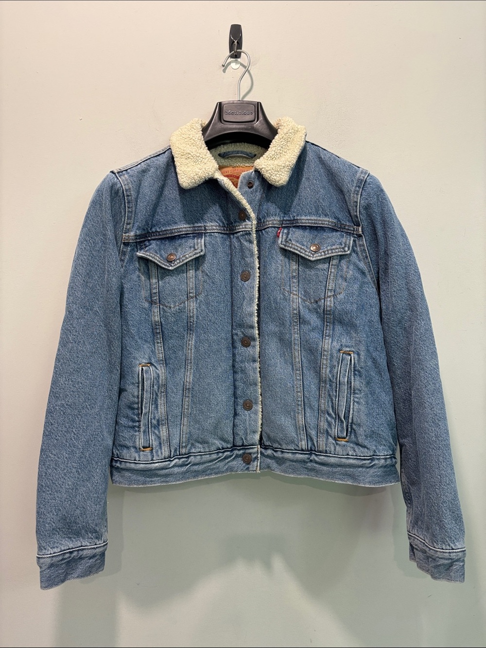 Levi’s Women’s Blue Denim Sherpa Jacket Cream Collar Trucker Size xl - Picture 2 of 15